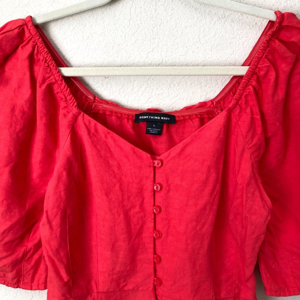 Something Navy Linen Blend Front Button Puff Slee… - image 3